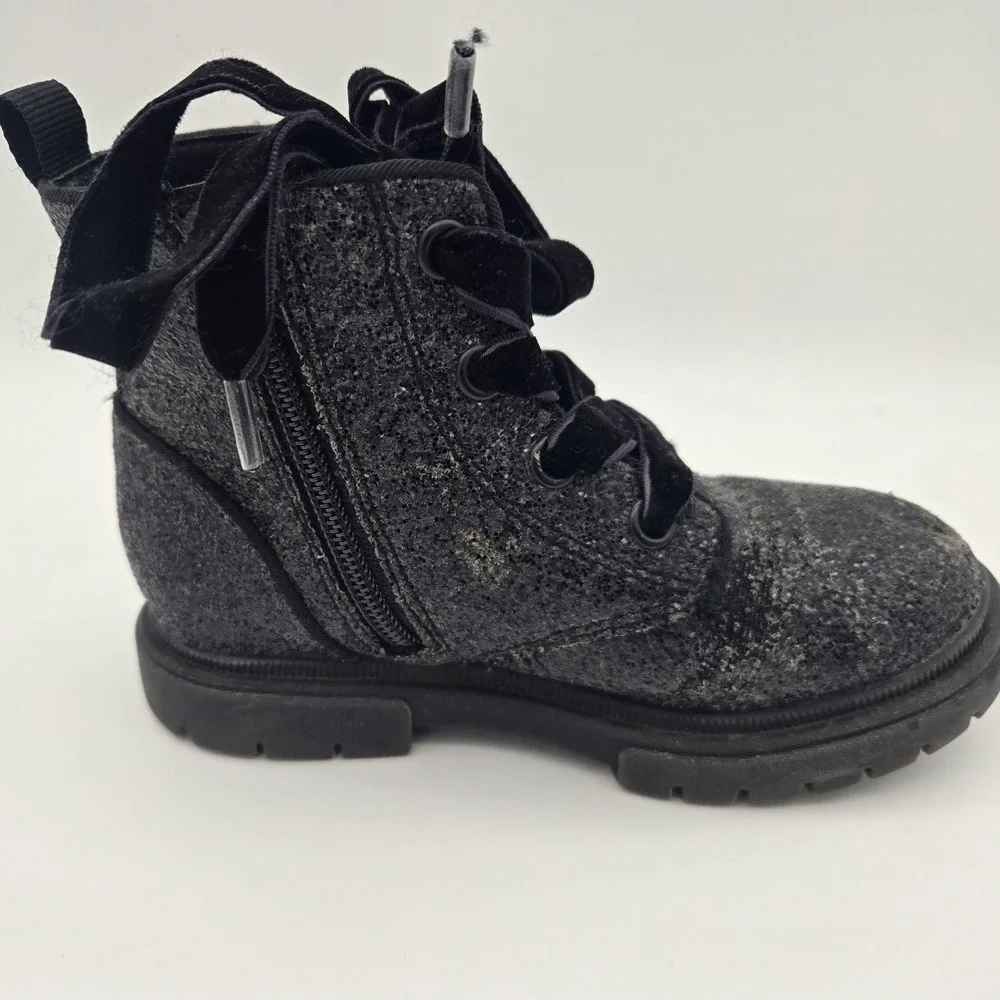 Cat &‎ Jack Girls Black Glitter Combat Boots Side Zip Velvet Laces Size 10